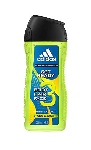 adidas Get Ready Duş Jeli 3'ü 1 arada, Vücut, saç ve yüz için ışıltılı taze narenciye kokusu, pH dostu, 250 ml