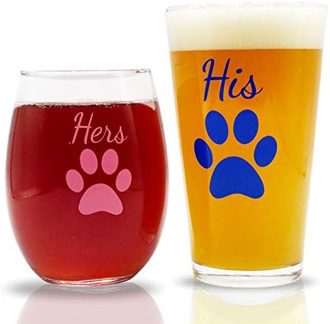 Onun ve Onun Bira Bardağı Bardağı ve Sapsız şarap bardağı Hediye Seti / Komik Nişan veya Düğün Hediyesi / Köpek ve Hayvan Severler,