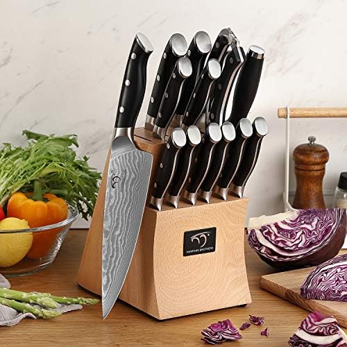 Mutfak Şam Bıçak Seti, Bloklu 15 Parçalı Mutfak Bıçağı Seti, Şef Bıçağı Seti ve Tırtıklı Biftek Bıçakları için ABS Ergonomik