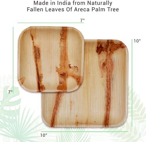 CTG Uluslararası Palmiye Yaprağı Plakaları 10 ve 7 İnç, Kare Parti Paketi (50 adet) - Bambu Plakalar Gibi Tek Kullanımlık, Ahşap