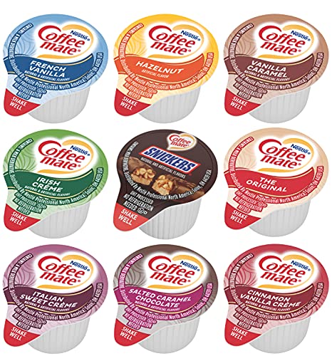 Coffee mate Liquid Creamer Singles 9 Flavor Variety Pack, Orijinal, Fransız Vanilyası, Fındık, Snickers, İtalyan Tatlı Kreması