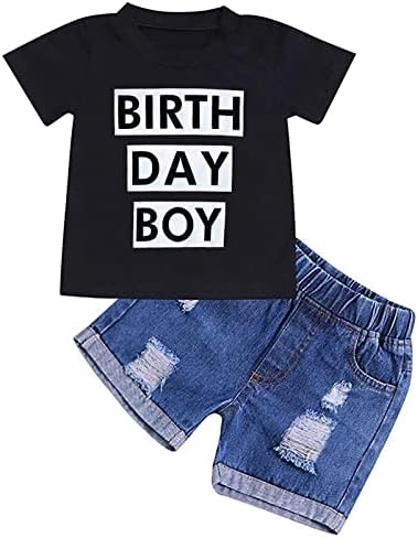Doğum günü Erkek Giysileri Erkek Bebek Kısa Kollu Mektup Baskı Gömlek Denim Kısa Pantolon Kek Smash Kıyafet Seti