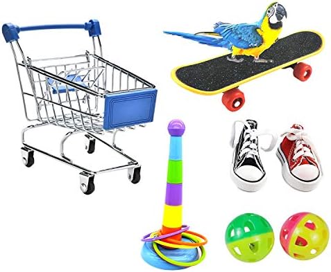 Papağan Oyuncaklar 7 PCS, Mini alışveriş Sepeti-Eğitim Yüzükler-Kaykay, Ayakkabı ve Top-Papağan Ayakta Eğitim Oyuncaklar Papağan