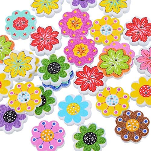 HOUSWEETY 50 Adet Ahşap Düğmeler Karışık Renk Çiçek Şekilli 2-Hole Dikiş Karalama Defteri DIY