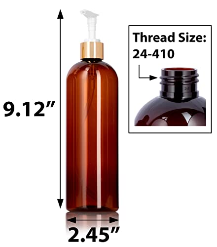 16 oz / 500 ml Amber İnce PET Plastik Şişeler (BPA İçermez) Altın Losyonlu (Kilitli) Pompa (12 Paket) I Doldurulabilir Boş Saklama