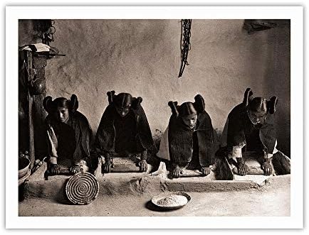 The Mealing Yalak - Genç Hopi Hint Kadınlar-Edward S. Curtis tarafından Vintage Sepya Tonlu Fotoğraf c. 1906-100 % Saf Karbon