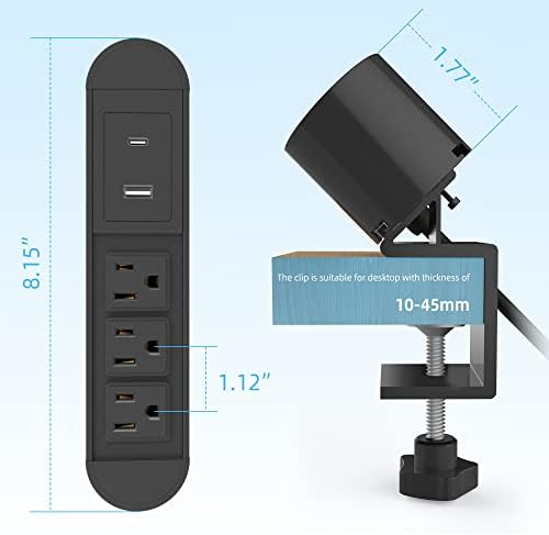 3 Çıkışlı Masa Kelepçesi Güç Şeridi, USB Portlu Masa Montajlı Güç Şeridi, Monte Edilebilir Masa USB Şarj İstasyonu, 6 ft Ağır