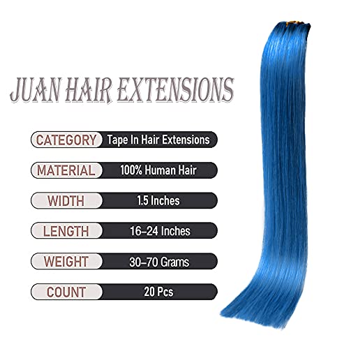 24İN Bant saç ekleme Mavi Remy insan saçı postiş Ipeksi Düz Moda Kadınlar ıçin 20 adet/paket (24 İnç Mavi 70g)