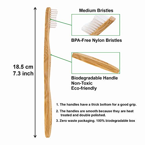 BlauKe Bambu Diş Fırçası Orta Kıl 5'li Paket - 4 Bambu Diş Fırçası Beyaz Kıllar, 1 Siyah Kömür Diş Fırçası - Doğal Biyobozunur