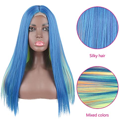 Düz Dantel Ön Peruk Peekaboo Gökkuşağı Saç PrePlucked Orta Kısmı Renkli Peruk Kadınlar İçin, CİNHOO Gizli Raibow / Bule Saç Rengi