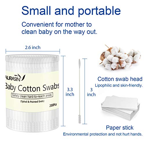 Bebek Pamuklu Çubuklar, Kağıt Çubukları Bebek Kulak Burun Temizliği için Pamuk Tomurcukları-200 Adet (Spiral ve Sivri)
