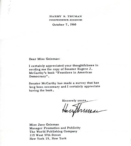 Başkan Harry'nin Truman Yazdığı Mektup 10/07/1960 tarihinde İmzalandı