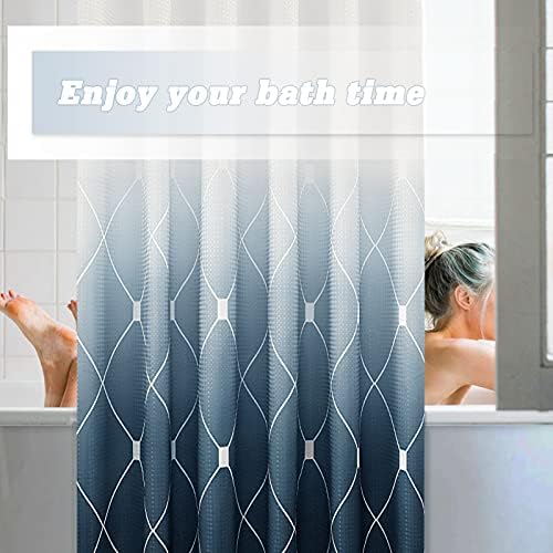Banyo için dokulu Ombre Duş Perdesi 72 x 72, Lacivert Geometrik Desen Waffle Örgü Kumaş Duş Perdesi Kancalı Set, Damalı Baskılı