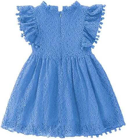 Niyage Toddler Kız Zarif Dantel Pom Pom Çarpıntı Kollu Parti Prenses Elbise