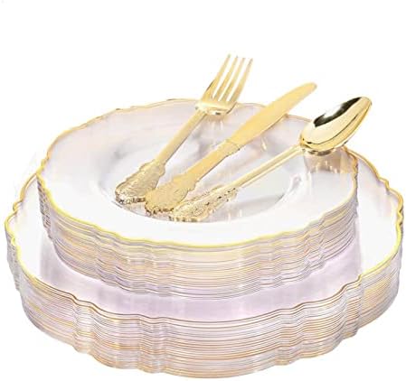 50 Adet Tek Kullanımlık Parti Sofra Şeffaf Plastik Tabak ve Bıçak Çatal ve Kaşık Seti Düğün ve Doğum Günü Parti Malzemeleri (Renk: