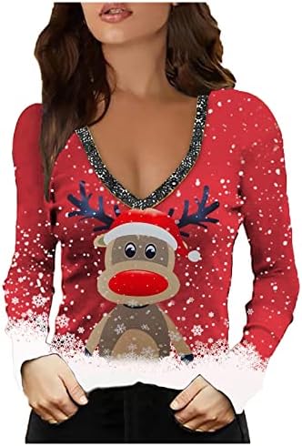 SGAOGEW Noel Gömlek Kadınlar ıçin Rahat Uzun Kollu Üstleri Noel Baskı T Shirt Bluz V Boyun Kazak Tunik