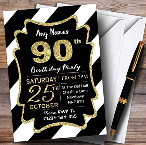 Siyah Beyaz Çapraz Çizgili Altın 90. Kişiselleştirilmiş Doğum Günü Partisi Davetiyeleri
