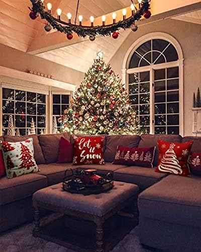 Noel Kış Atmak Yastık kılıfı 4 Set, 18x18 Noel Ağacı Kar Taneleri Dekoratif Yastık Kapakları Rustik Keten Malzeme için Kanepe