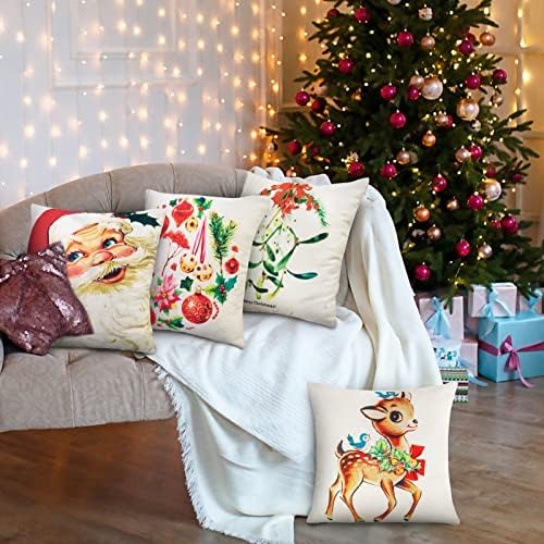 Korlon 4 Adet Noel Yastık Kapakları 18x18 İnç, Çiftlik Evi Dekoratif Yastık Kapakları Vintage Noel Süslemeleri Noel dekor için,