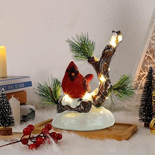 winemana Noel masa süslemeleri, LED ışıkları kardinal reçine süs, ışıklı kırmızı kuş karlı çam ağacı tatil dekor kapalı ev masa