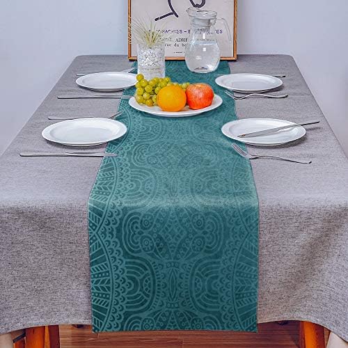 Aqua Teal Mandala Çiçek Masa Koşucu Dresser Atkılar, keten Çuval Bezi Masa Koşucular Bez Akşam Yemeği Tatil Parti için, mutfak