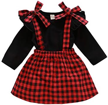 Bebek Kız Noel Etek Seti Toddler Kız Fırfır Uzun Kollu Gömlek + Kontrol Jartiyer Elbise Bebek Ekose Giyim