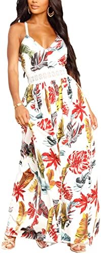 JeuaPho Boho Elbise Kadınlar ıçin Çiçek Baskılar Spagetti Kayışı Kolsuz Bohemian Uzun Maxi Elbise Plaj Sundress