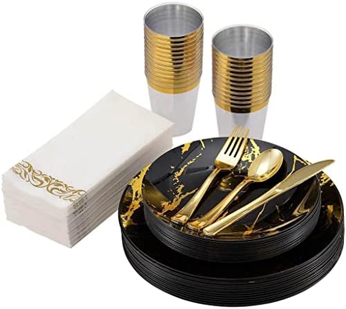YMXDHZ 70 Adet Sofra Mermer Plastik Yemek Tabağı Altın Çatal bıçak kaşık bardak Peçete Seti Düğün Doğum Günü Parti Malzemeleri