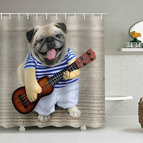 Köpek Duş Perde Seti Pet Komik Sevimli Pekingese Gitar Müzik Banyo Dekor Su Geçirmez Polyester Kumaş Aksesuarları Banyo