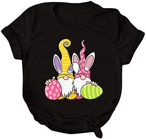 Dosoop kadın Paskalya Yuvarlak Boyun Şort Kollu Rahat Gevşek Bunny Gnomes İsveç Tomte Baskı Üst Bluz T-Shirt