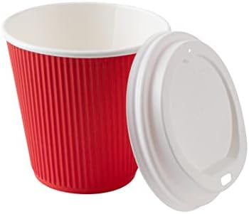 8 oz Kırmızı Kağıt Dalgalanma Duvar Kahve Fincanı - Beyaz Kapaklı-3 1/2 x 3 1/2 x 4 - 400 sayım kutusu