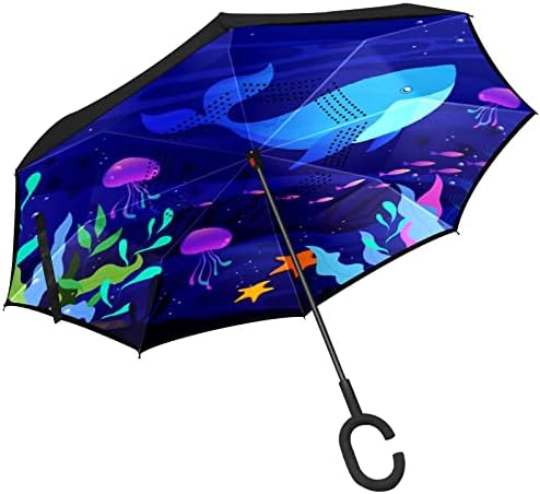 Çift Katmanlı Ters Şemsiye Ters Katlanır Şemsiye ile Araba için C-Şekilli Kolu, rüzgar Geçirmez UV Koruma Sualtı Mavi Balina