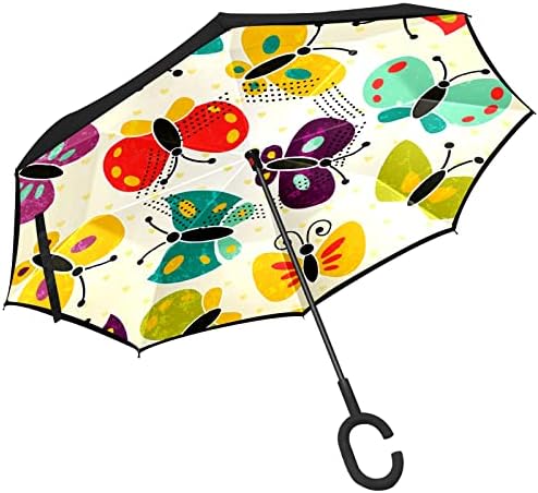 Çift Katmanlı Ters Şemsiye Ters Katlanır Şemsiye ile Araba için C-Şekilli Kolu, rüzgar Geçirmez UV Koruma Bej Kelebek Büyük Şemsiye