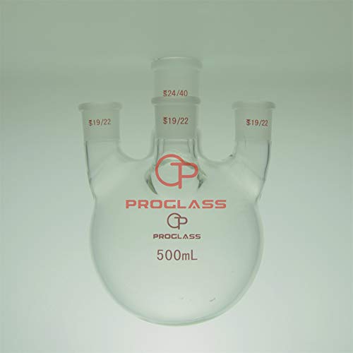 Proglass Düz 4 Boyunlu Yuvarlak tabanlı bir şişeye 500mL, Merkez 24/40, Diğerleri 19/22