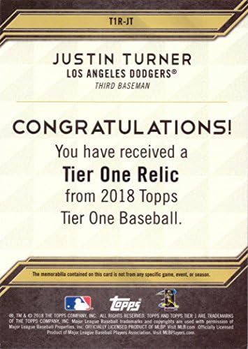 2018 Topps Tier One Emanetler T1R-JT Justin Turner Oyunu Yıpranmış Dodgers Jersey Beyzbol Kartı-Sadece 335 yapıldı!