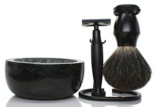 Maison Lambert black edition mermer tıraş seti: tıraş standı, emniyetli tıraş bıçağı, porsuk tıraş fırçası ve gerçek mermer tıraş