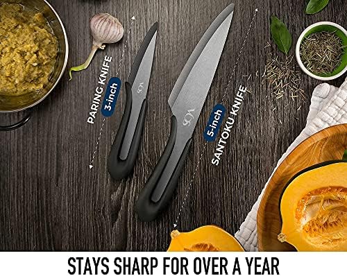 Seramik Bıçak Setleri - Kapaklı 4 Parçalı Seramik Bıçak Seti-5 Santoku Bıçağı, 3 Soyma Bıçağı ve 2 Siyah Kapak ve 6 Şef Bıçağı,