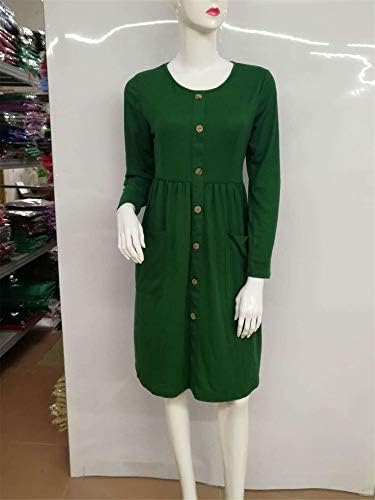 Andongnywell Elbiseler için kadın Düz Renk Uzun Kollu Ekip Boyun Düğme Aşağı A-Line Casual Cepler ile Giyinmiş