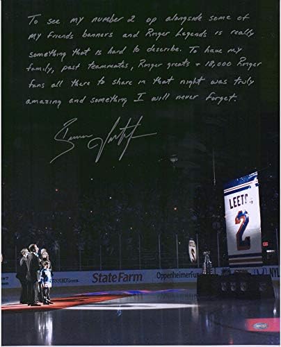 Brian Leetch New York Rangers İmzalı Jersey Emeklilik Afişi Hikaye Yazıtlı Fotoğrafı Yükselterek-İmzalı NHL Fotoğrafları