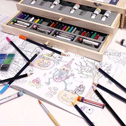 Profesyonel Sanat Seti, Taşınabilir Ahşap Kutuda Sanat Malzemeleri, Boyama ve Çizim için 83 Adet Lüks Sanat Seti, Çocuklar, Gençler