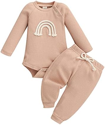 Sonbahar Kış Yenidoğan Erkek Bebek Kız Giysileri Uzun Kollu Gökkuşağı Romper Tops Pantolon 2 Adet Bebek Katı Kıyafetler Set