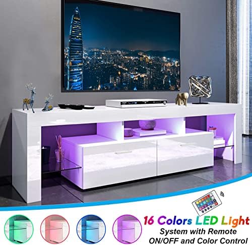 MTFY Modern beyaz LED TV standı ile 16 renk ışık, parlak Eğlence Merkezi TV standı için 70 inç TV'ler, medya Depolama Konsol