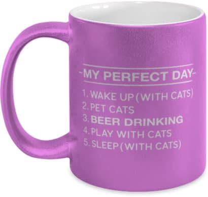 Mükemmel Günüm: Kediler, Bira İçen 11 oz Metalik Pembe Kupa, Kedi Seven Bira İçenler için, Onun için Yenilik Kahve Kupaları,