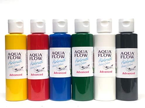 Aqua Flow Airbrush Birincil 6 Renk Seti, Kumaş, Deri Renk Boya Seti, 2 oz. Şişeler