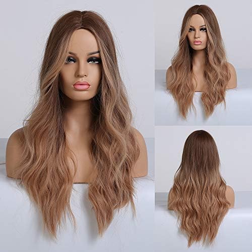 TYZYDBH peruk sentetik saç peruk kadın uzun vücut dalgalı yapay saç, kahverengi degrade, doğal, Fiber ısıya dayanıklı rol uzantıları,